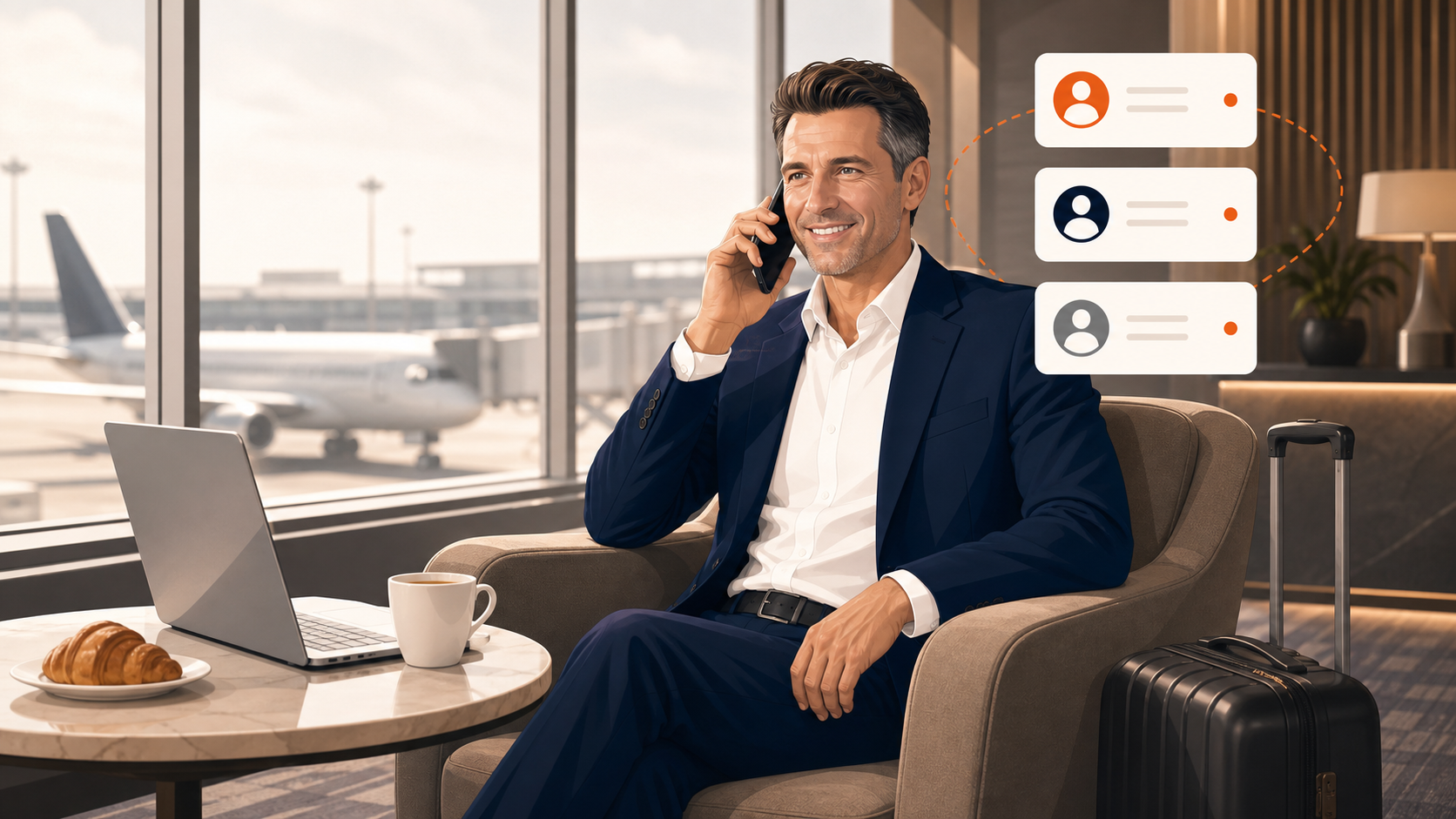 Business person taking a VoIP-integrated mobile call in an airport lounge