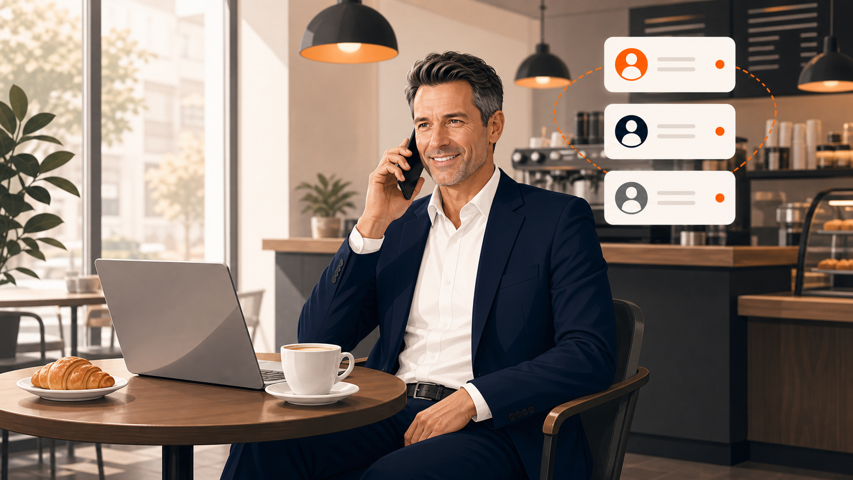 Business person taking a VoIP-integrated mobile call in a coffee shop