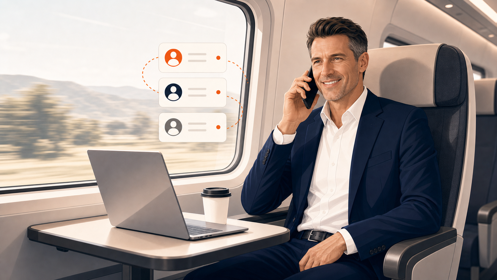 Business person taking a VoIP-integrated mobile call on a train